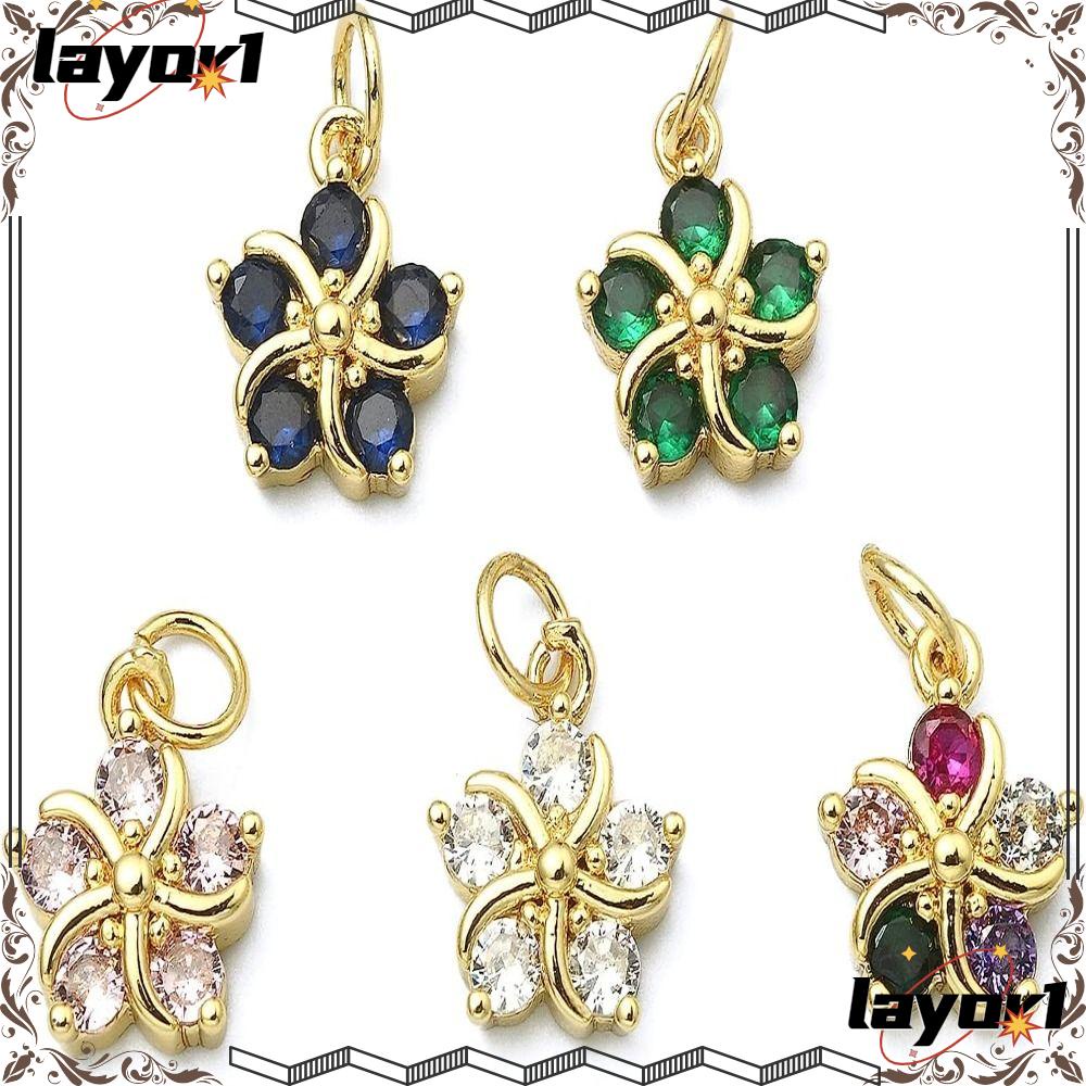 Layor1 bùa hoa, tím nhạt, trắng, đen, xanh lá cây, xanh lam, xanh hồ, đồng thau đỏ hồng và bùa zirconia khối vàng thật, phụ kiện trang sức khối màu ngẫu nhiên
