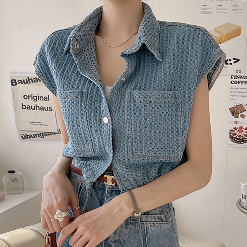 NZN Áo Khoác denim Không Tay Phối Túi Phong Cách vintage Hàn Quốc