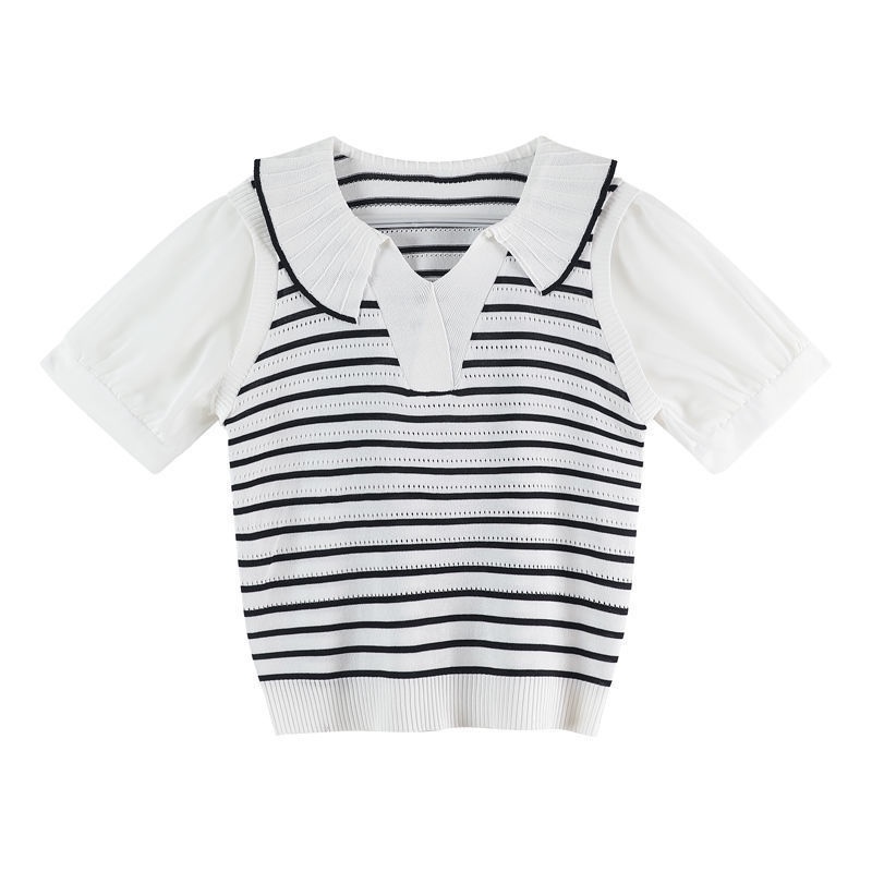 Áo Thun polo Ngắn Tay Giả Hai Lớp Họa Tiết Sọc Ngang Thời Trang Dành Cho Nữ