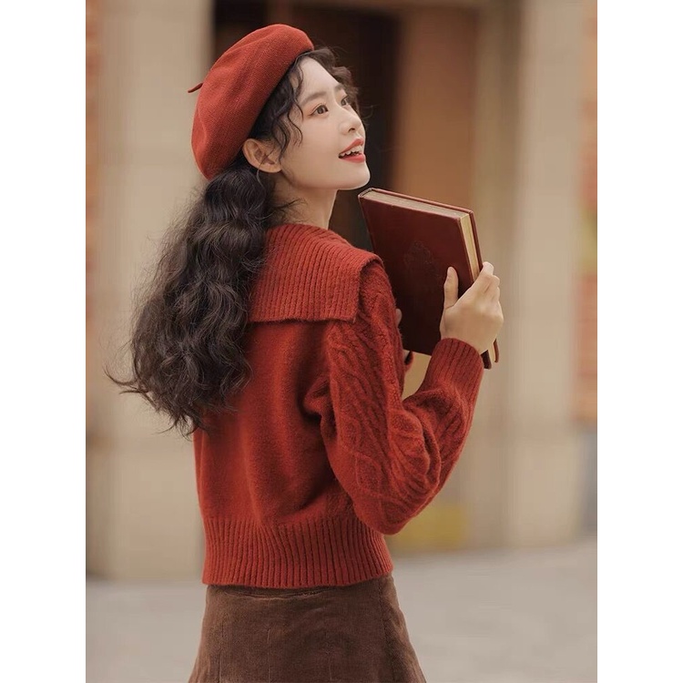Large lapel retro sweater high waist short sweater women's winter soft waxy pullover long sleeve pullover knitted top MC women's PQQ8