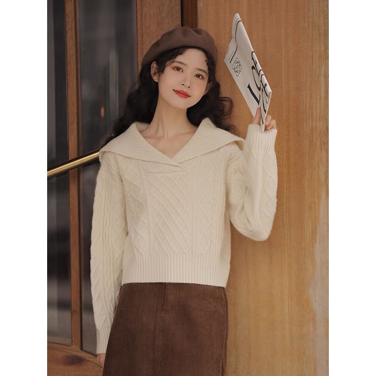 Large lapel retro sweater high waist short sweater women's winter soft waxy pullover long sleeve pullover knitted top MC women's PQQ8