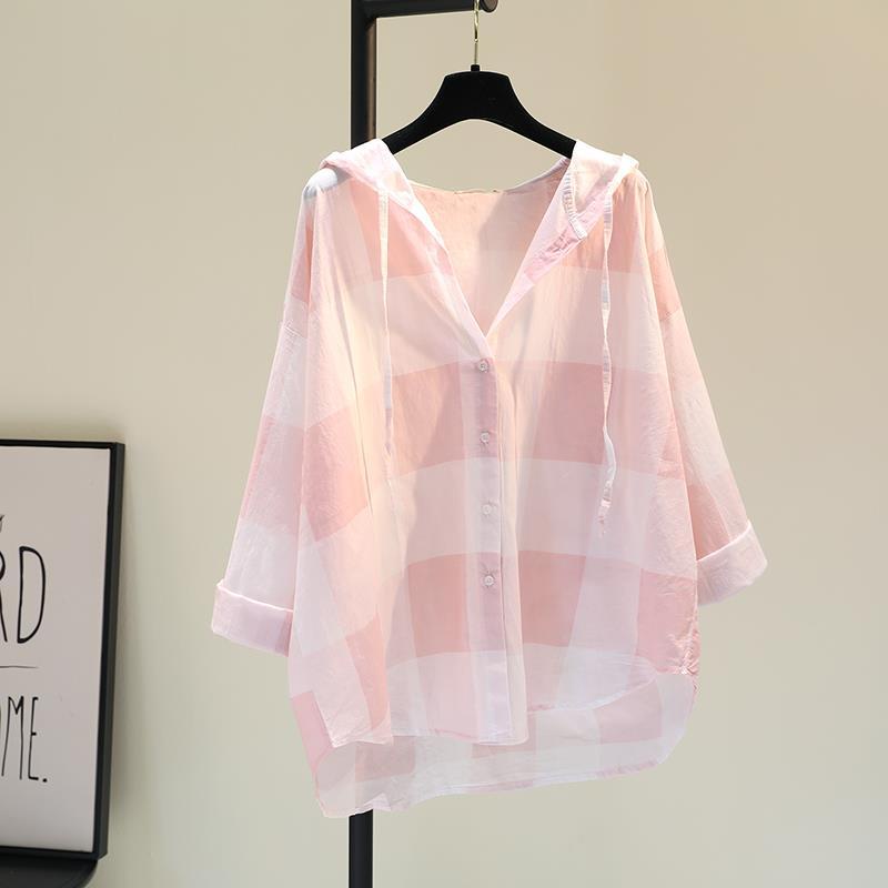 Áo Khoác Sơ Mi cardigan Có Nón Chống Nắng Dáng Rộng Bằng Vải cotton Lanh Mỏng Họa Tiết Kẻ Sọc Màu Hồng Phong Cách Hàn Quốc Thời