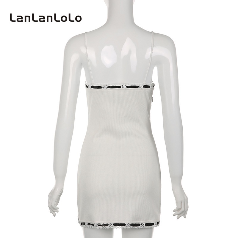 Đầm 2 dây LANLANLOLO viền ren đính hoa hở lưng phối màu tương phản gợi cảm ngọt ngào 2023 cho nữ