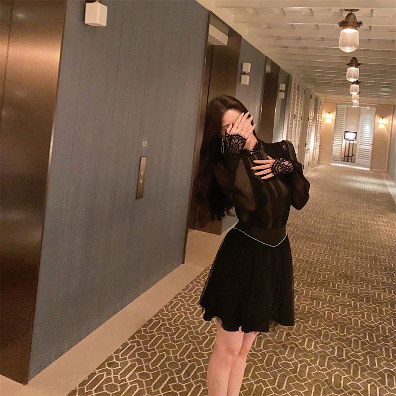 Bộ Áo Tay Phồng + Chân Váy Eo Cao Phối Ren Lưới Thời Trang Mùa Thu 2023 2q3g