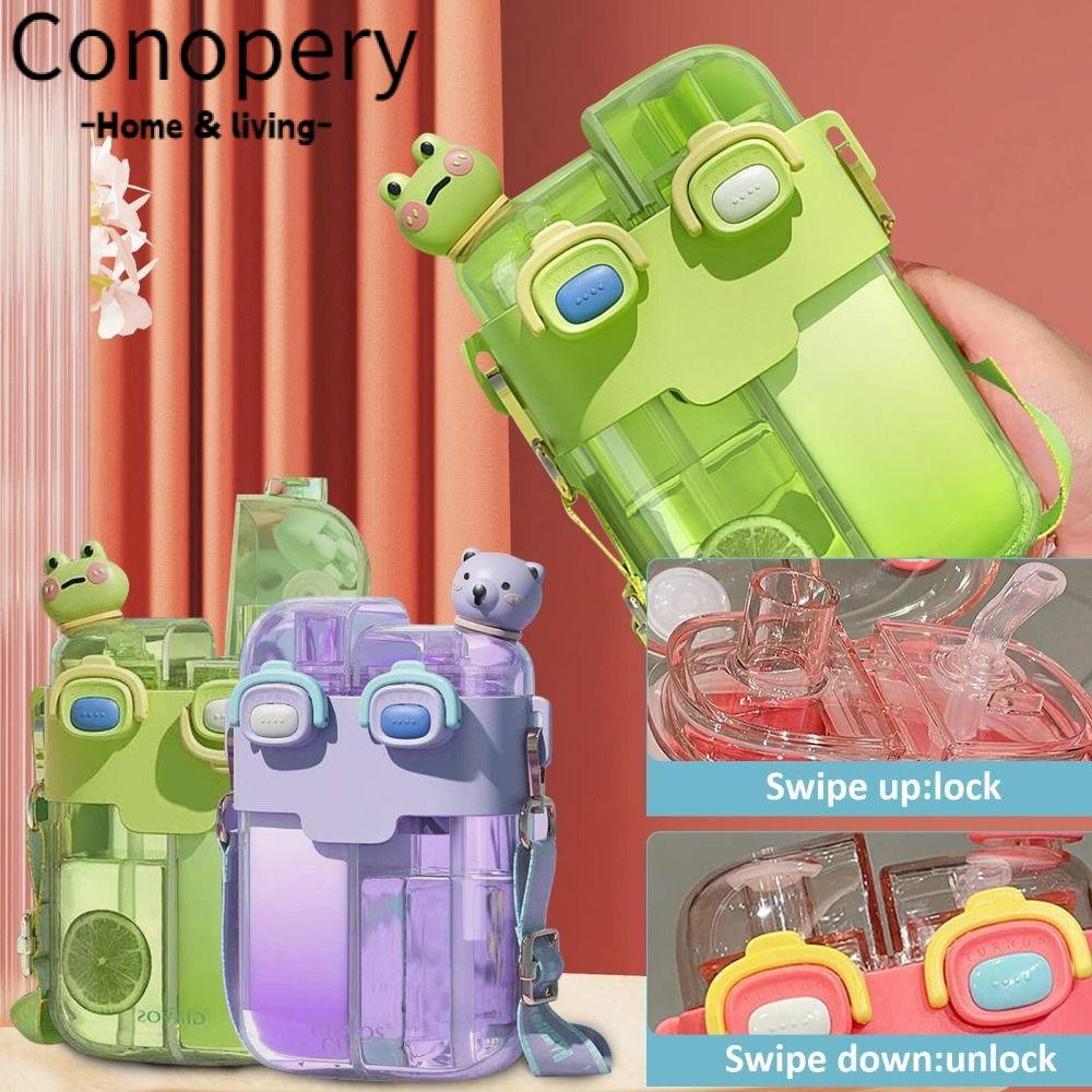 Conopery Bình nước có ống hút, nắp chống rò rỉ lớn - dung tích cốc đựng nước bằng rơm, bàn chải làm sạch hình dán kawaii có thể điều chỉnh dây đeo double-bin chai uống thể thao