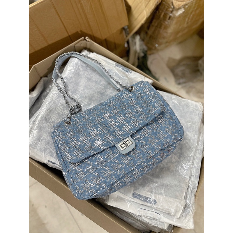 Túi xách nữ classic big size Trendy 2023 nhũ xanh size 38cm-TA005