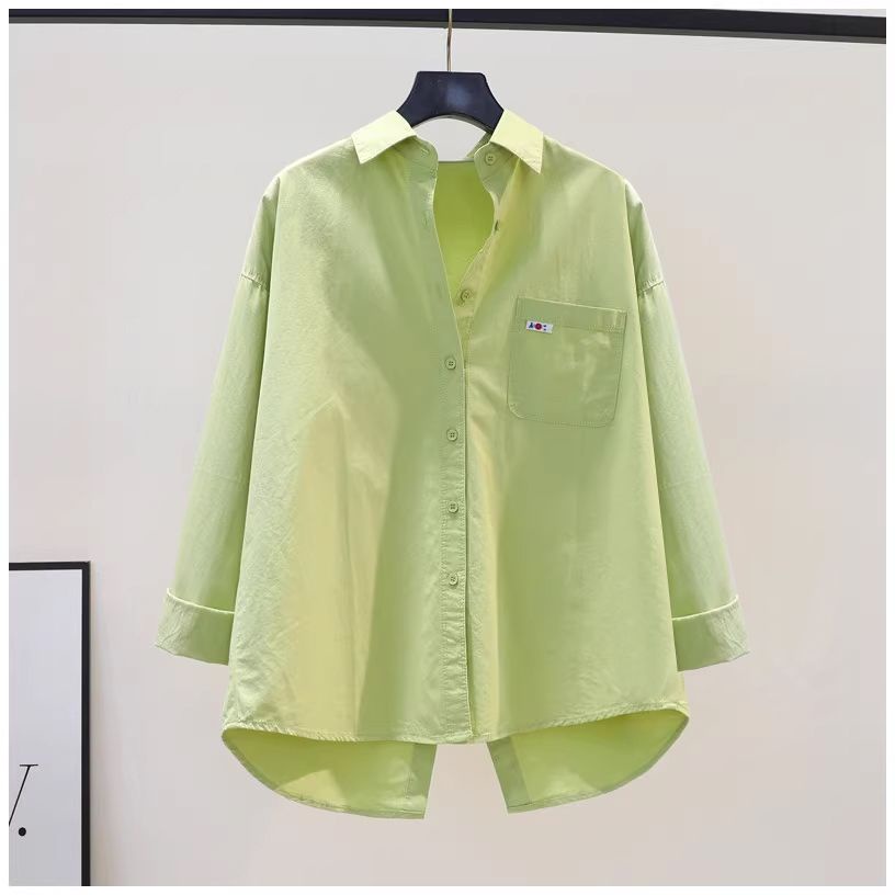 Lưng Áo Sơ Mi cotton Tay Dài Dáng Rộng Xẻ Tà Màu Xanh Lá Cây Phong Cách Hàn Quốc Thời Trang Mùa Thu 2023