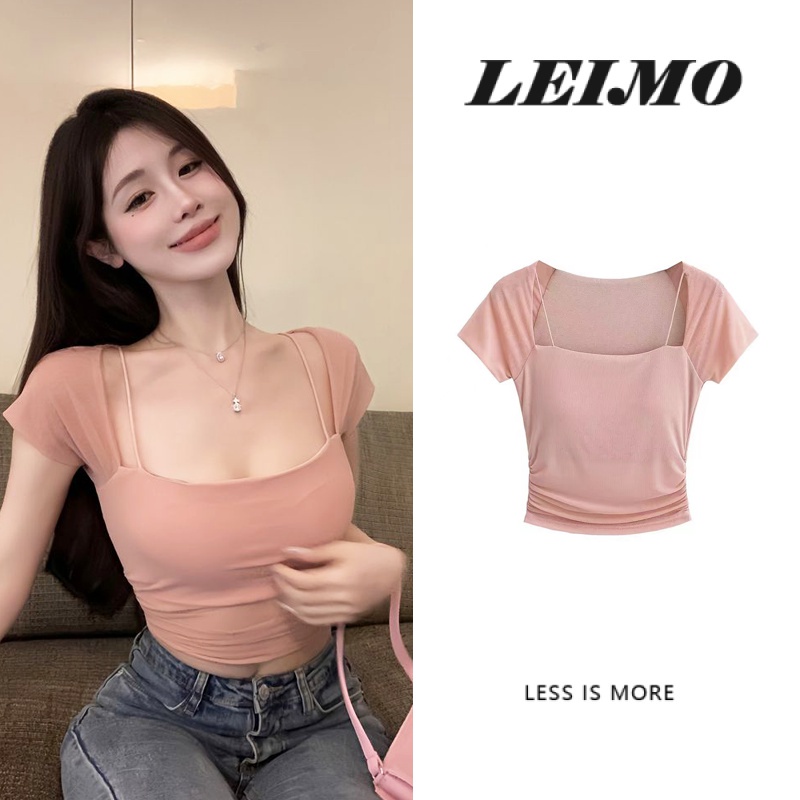 Cổ vuông ngắn-tay t-shirt phụ nữ mùa hè khâu hẹp-eo mỏng-vừa vặn ngắn sexy top