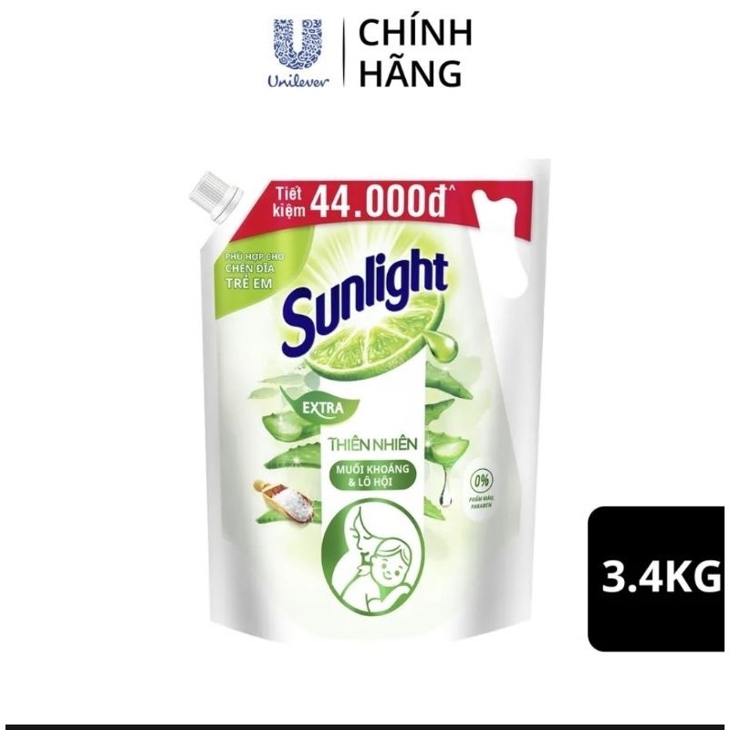 Nước Rửa Chén Bát Sunlight Thiên Nhiên Muối Khoáng & Lô Hội Túi 3.4kg Date mới