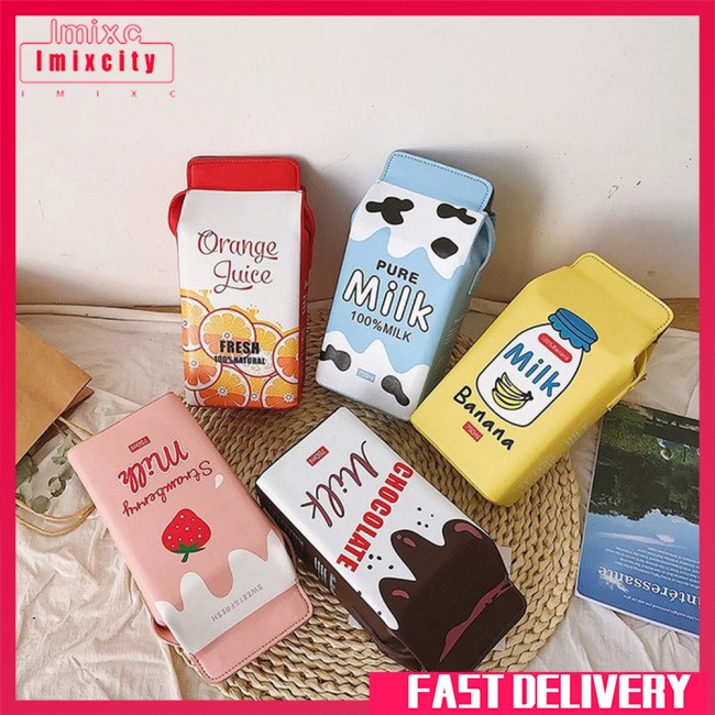 Imixcity phụ nữ phim hoạt hình dễ thương hộp sữa túi đeo vai túi đeo chéo ví điện thoại thông thường