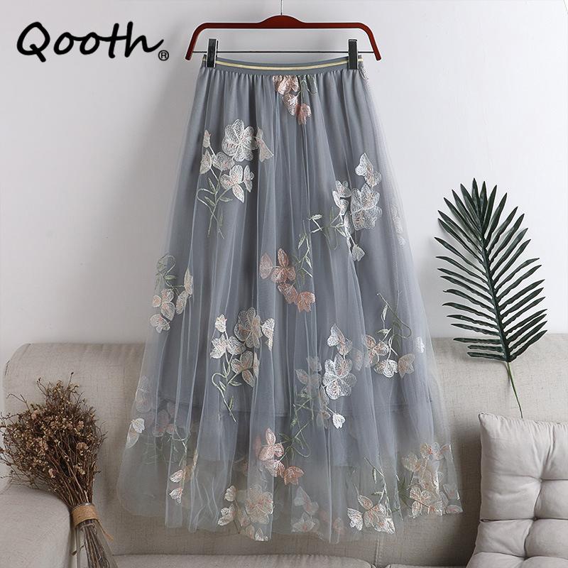 Qooth phụ nữ thêu hoa tulle gạc váy thanh lịch ngọt ngào đàn hồi eo midi váy lưới hoa cho tất cả các mùa qt2185