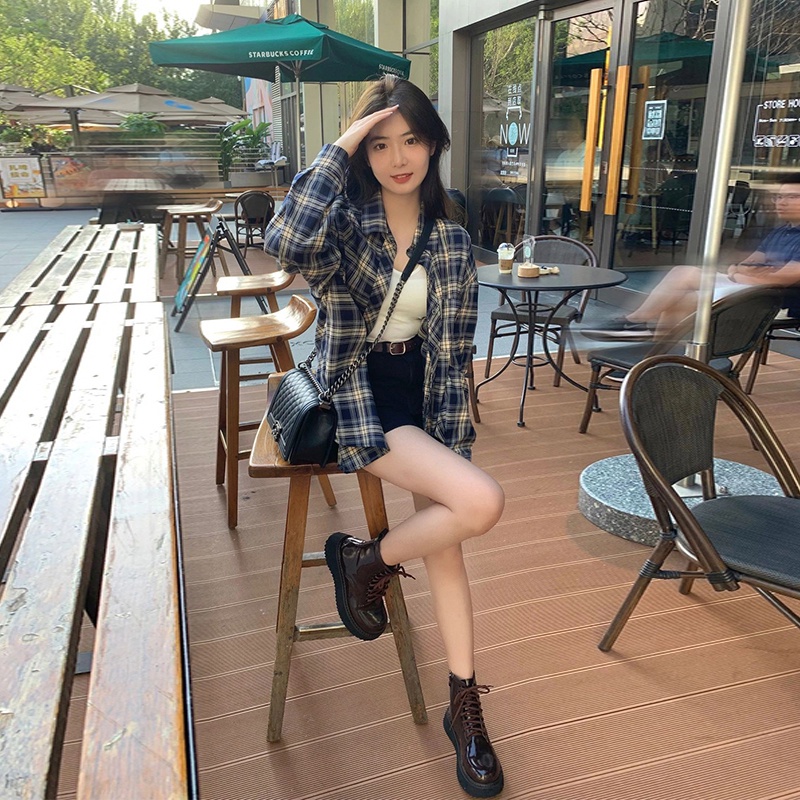 Mushiqi Áo Khoác Sơ Mi Caro Phong Cách retro hong kong Thời Trang Cho Nữ
