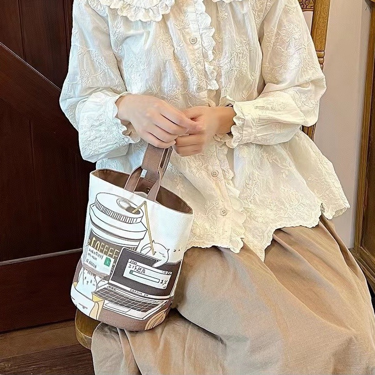 Túi xô vải mới cà phê mèo in túi xách nhỏ bento túi nhỏ