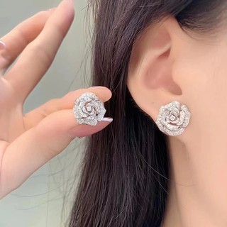 Full diamond heavy industry camellia stud earrings 925 sterling silver stud earrings three-dimensional flower zircon temperamental earrings