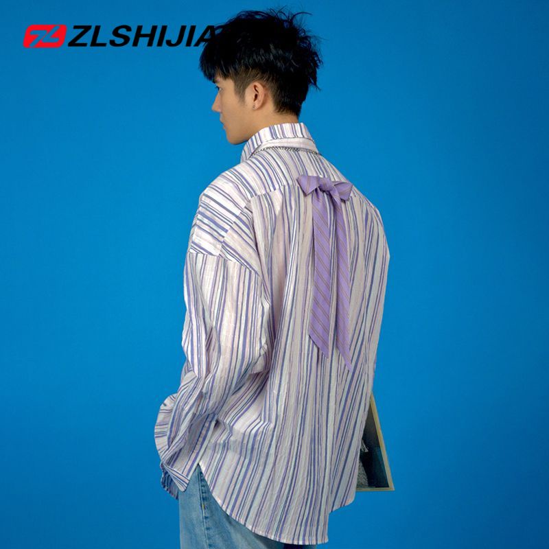mamahasgun california street american retro purple pink striped bow thin long-sleeved loose shirt uni