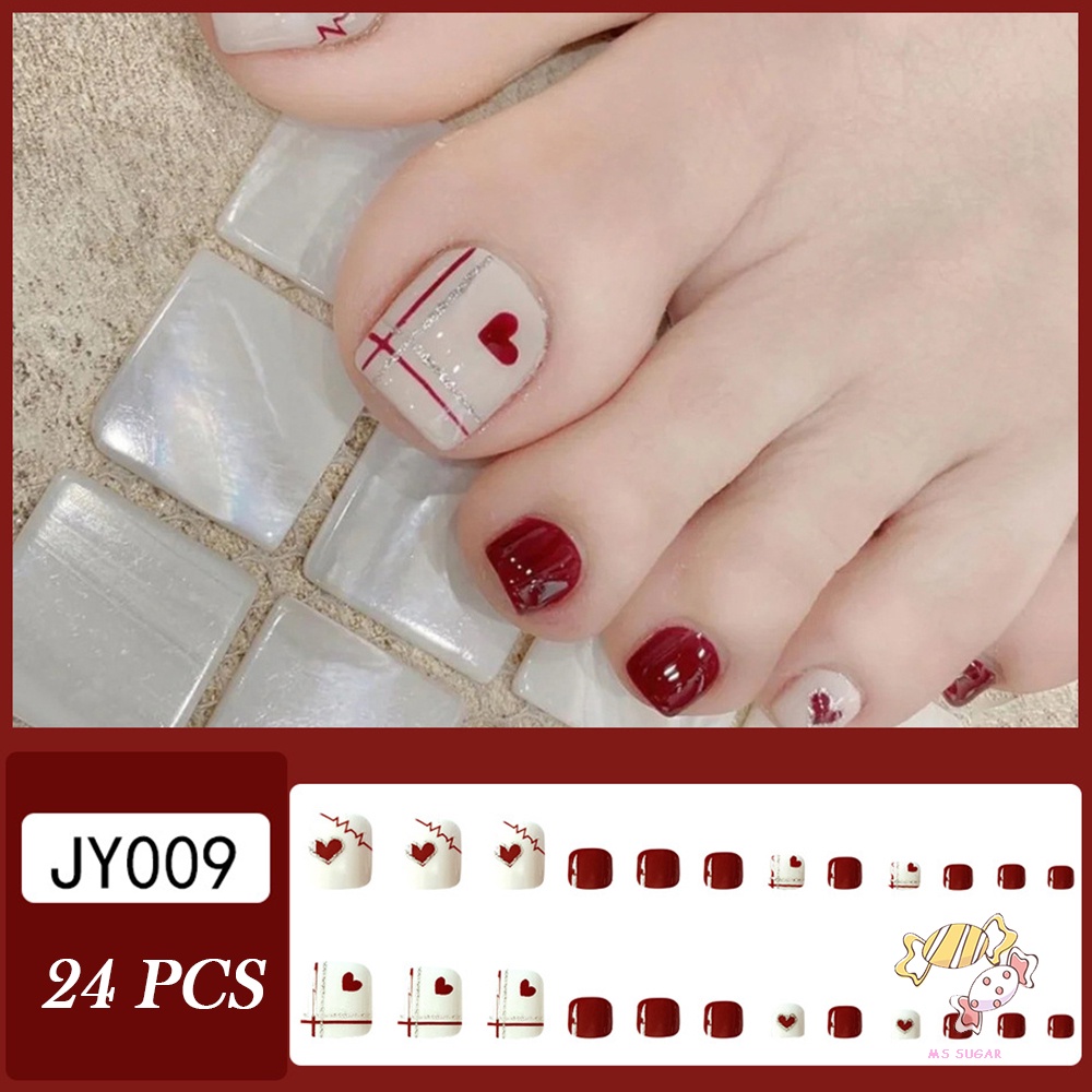 YADORNOS Nhấn vào móng chân màu đỏ trái tim giả móng tay giả móng chân giả thời trang móng chân nhân tạo