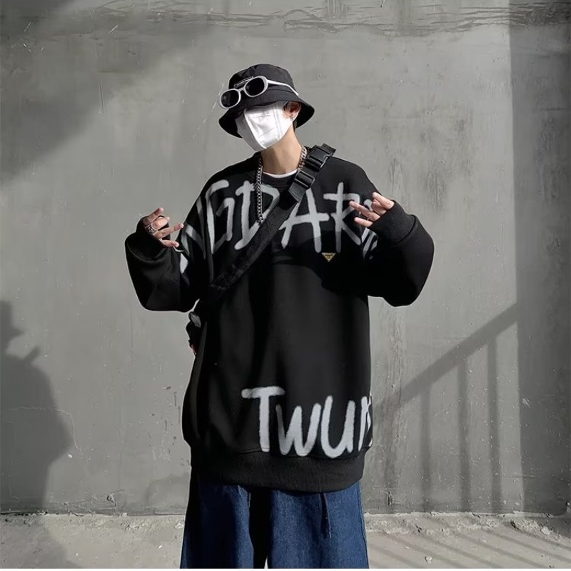 Áo sweater SINRANSINYA cổ tròn in chữ phong cách đường phố Mỹ thời trang cho nam