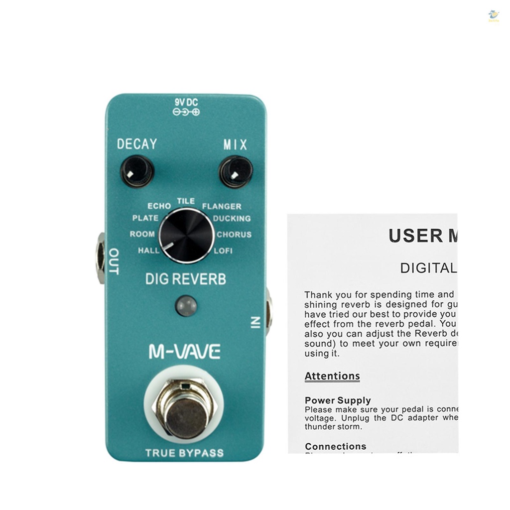 3elife m-vave dig reverb digital reverb guitar effect pedal 9 loại reverb kiểm soát phân rã & mix true bypass vỏ kim loại đầy đủ
