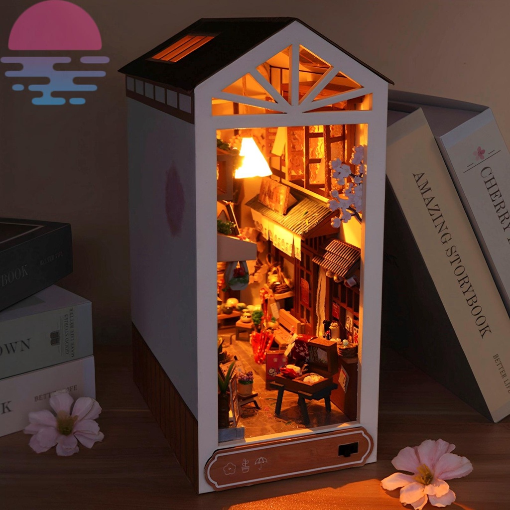 Diy book nook kit giá sách xếp hình bằng gỗ 3d chèn trang trí với đèn led diy miniature dollhouse model kit shopskc3583