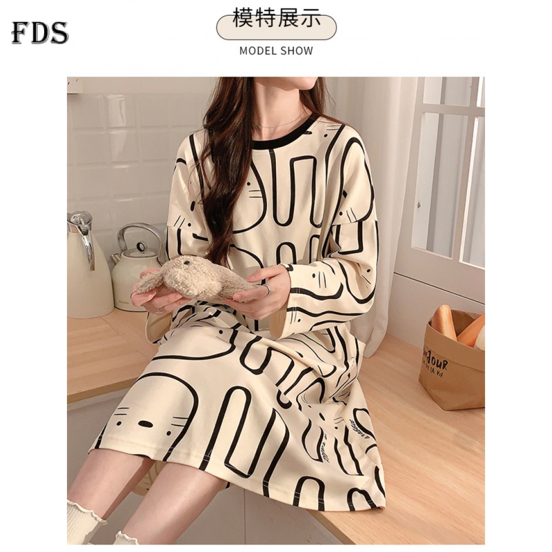Đầm ngủ mặc nhà FDS tay dài mềm mại thoải mái họa tiết thỏ dễ thương thời trang thu đông ngọt ngào cho nữ