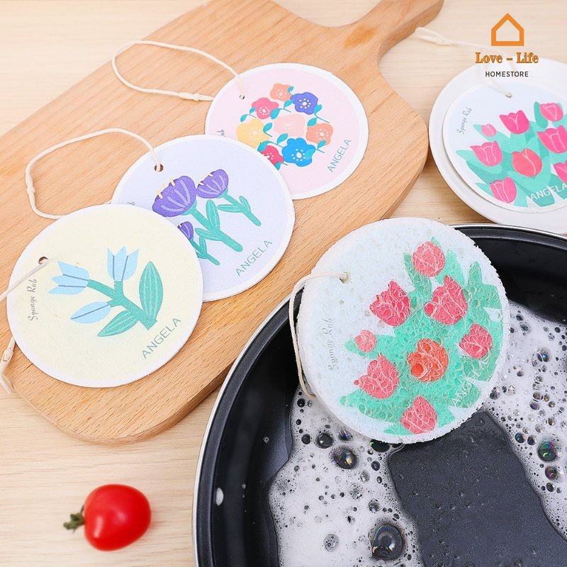 Miếng Bọt Biển Rửa Chén / Mút Rửa Chén Thấm Hút Nước In Họa Tiết Hoa Xinh Xắn Tiện Dụng Cho Nhà Bếp