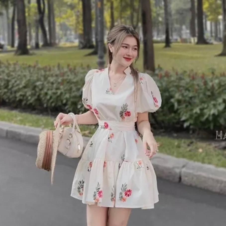 Đầm hoa tay ngắn dây cột nơ bo eo baby cổ V chất vải Voan FreeSize feedback - Bảo An Shop hot top 2023