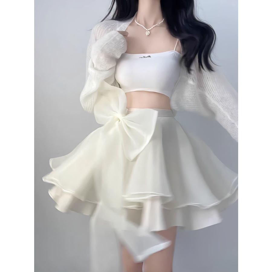Guaiguaitu Bộ Áo Khoác Cardigan Dệt Kim Chống Nắng Ba Mảnh / Áo Khoác Nhẹ Nhàng + Váy Đính Nơ Cho Bé Gái Nóng Bỏng