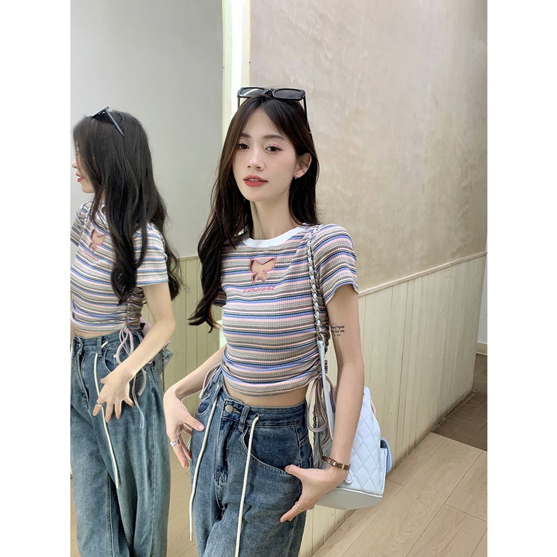 Áo Thun Ngắn Tay Khoét Lỗ Họa Tiết Sọc Hình Bướm Thời Trang Dành Cho Nữ