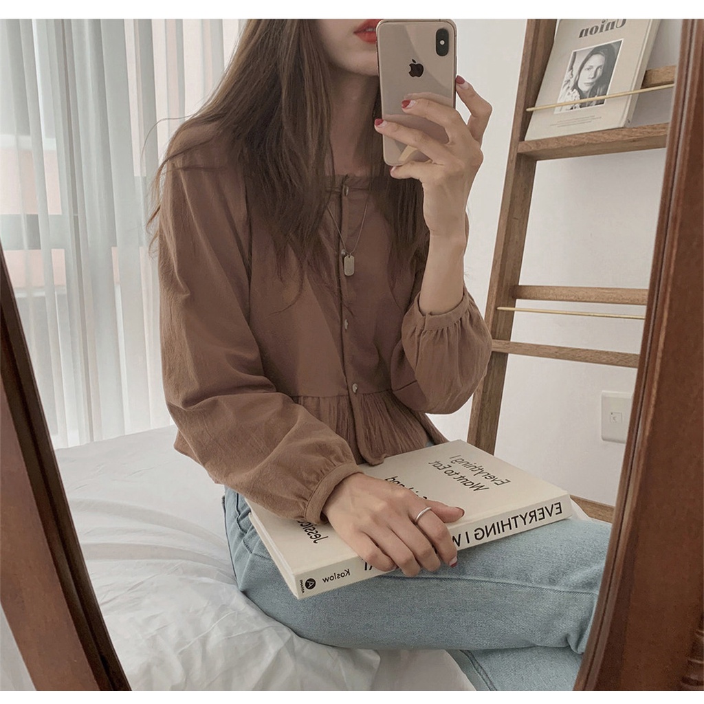 Áo sơ mi SUXI tay dài cổ vuông dáng rộng đơn giản phong cách Hàn Quốc thời trang