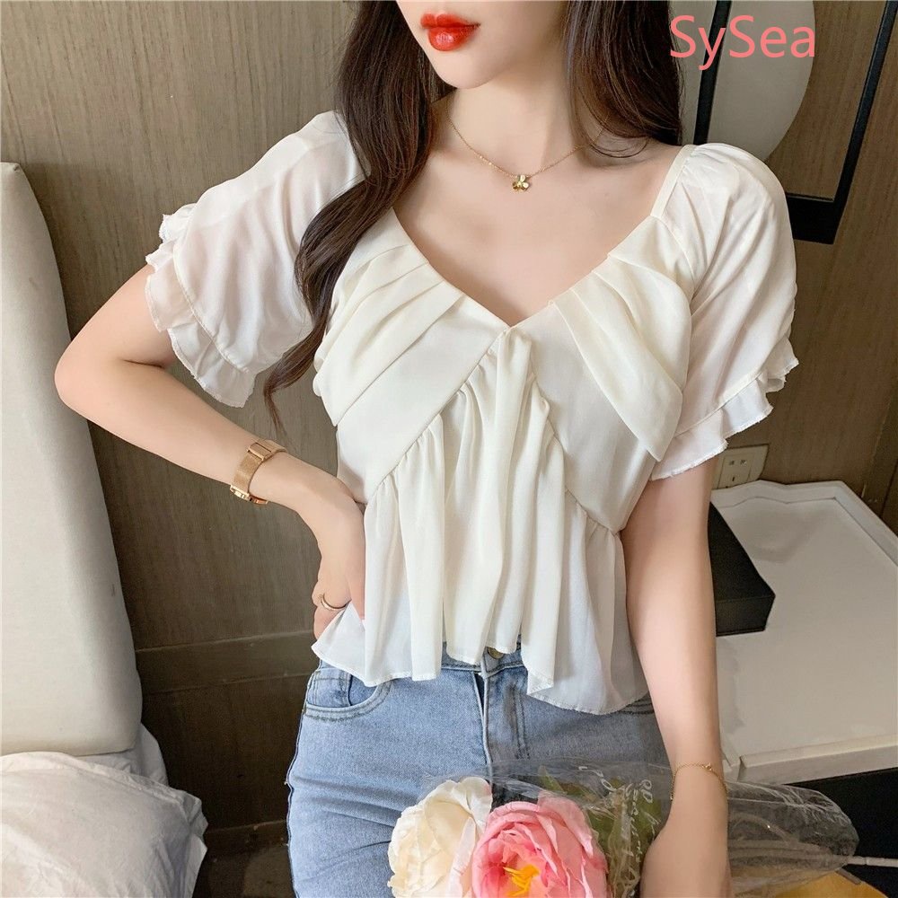 Áo Kiểu Vải Voan Tay Ngắn Cổ Chữ V Thời Trang Hè Trẻ Trung Cho Nữ