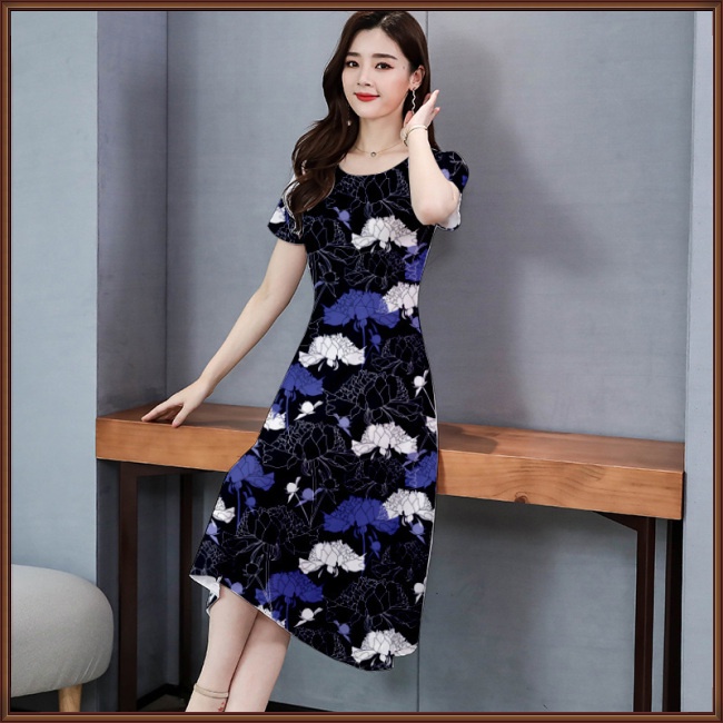 Đầm Midi Tay Ngắn Cổ Tròn Dáng Rộng In Họa Tiết Hoa Thời Trang Mùa Hè Xinh Xắn Cho Nữ