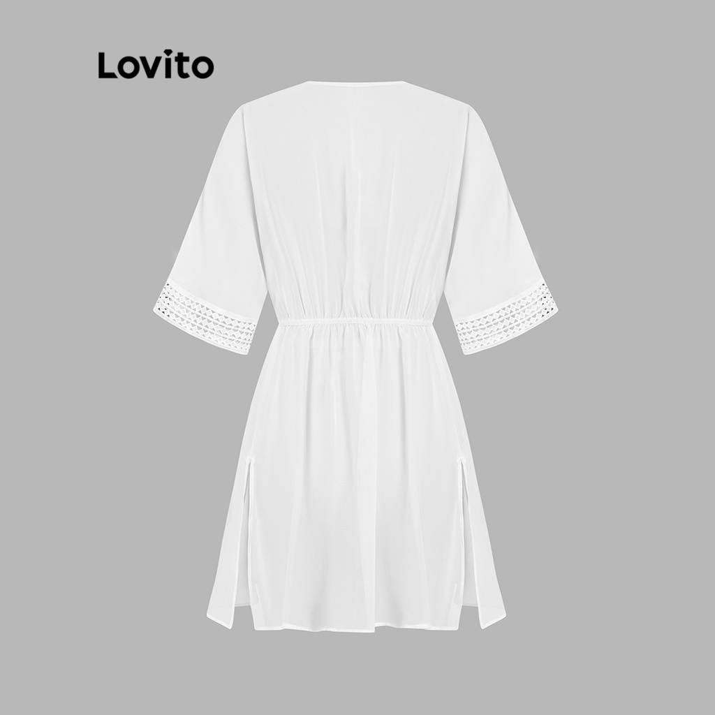 Áo Lovito tay lửng siết eo diềm xếp nếp cổ phối lai bèo thắt dây màu trơn cơ bản cho nữ L48AD026 (màu trắng)