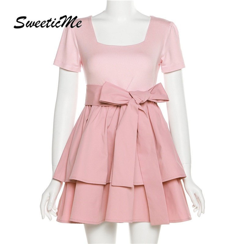 Đầm Tay Ngắn Cổ Vuông Dáng Ôm Phối Màu Tương Phản Thời Trang 2023 Xinh Xắn Cho Nữ