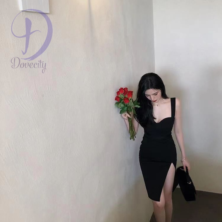 Đầm Hai Dây Ôm Dáng Xẻ Tà Chéo Màu Đen Thiết Kế Gợi Cảm Cao Cấp Cho Nữ