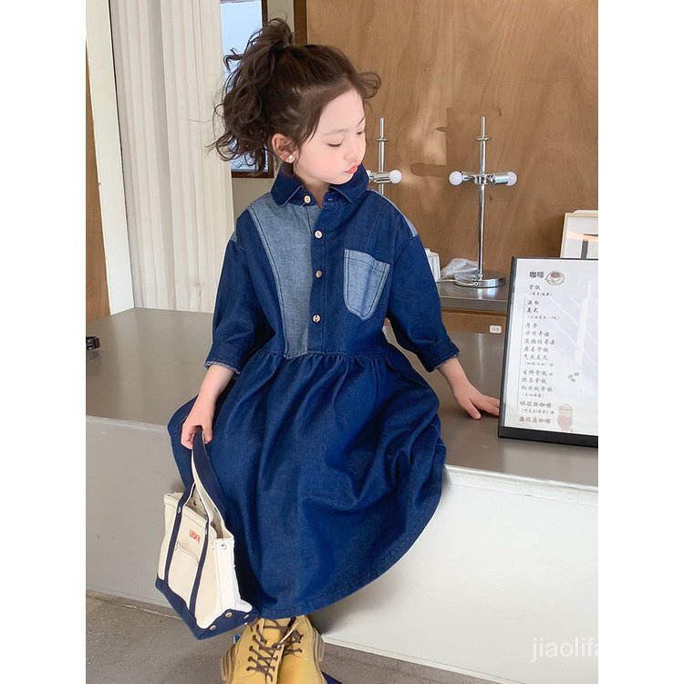 Đầm Denim Tay Ngắn Cổ Bẻ Màu Sắc Tương Phản Chất Lượng Cao Thời Trang Xuân Thu Cho Bé Gái 48 Giờ