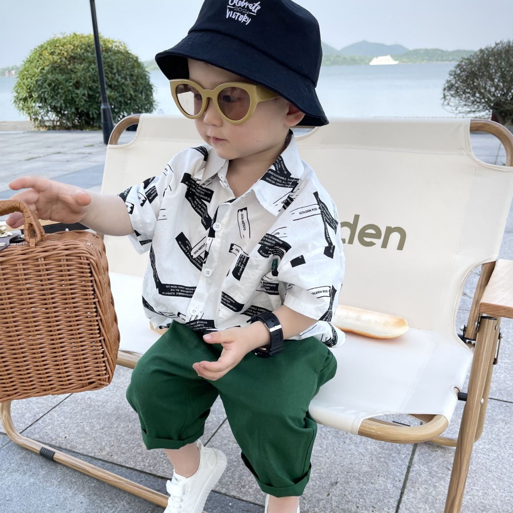 Áo Sơ Mi Hoa Ngắn Tay Dáng Rộng Cho Bé Trai 3-8 Tuổi