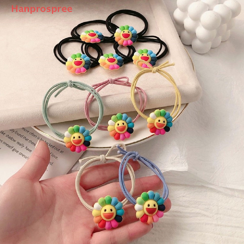 Bộ 5 Dây Buộc Tóc Cao Su Co Giãn Đính Hoa Hướng Dương Mặt Cười Dễ Thương Cho Bé Gái