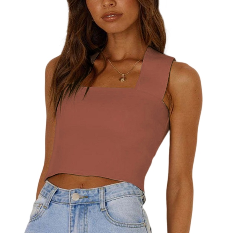 Áo Croptop Dệt Kim Sát Nách Màu Trơn Cổ Vuông Ôm Dáng Gợi Cảm Cho Nữ