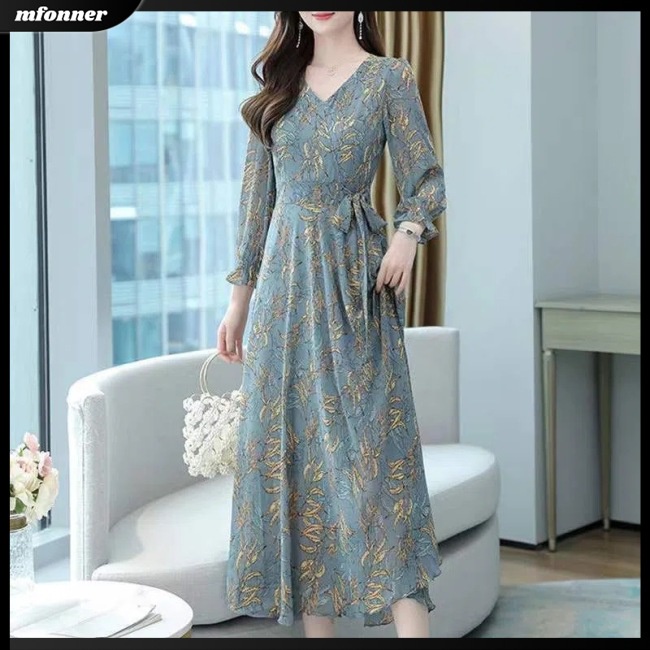 Đầm Dài Tay Cổ Chữ V In Họa Tiết Thanh Lịch Dành Cho Nữ