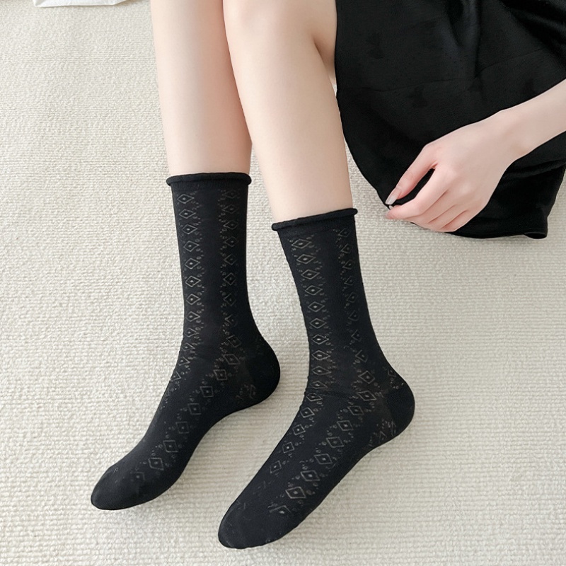 Vớ Cotton Mỏng Màu Đen Trơn Phối Ren Phong Cách Hàn Quốc Dành Cho Nữ