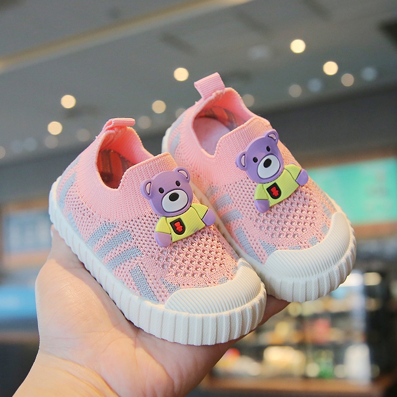 Giày Sneaker Đế Mềm Chống Trượt Dệt Kim Thoáng Khí Có Tai Gấu Dễ Thương Dành Cho Bé Trai Gái 1-3 Tuổi