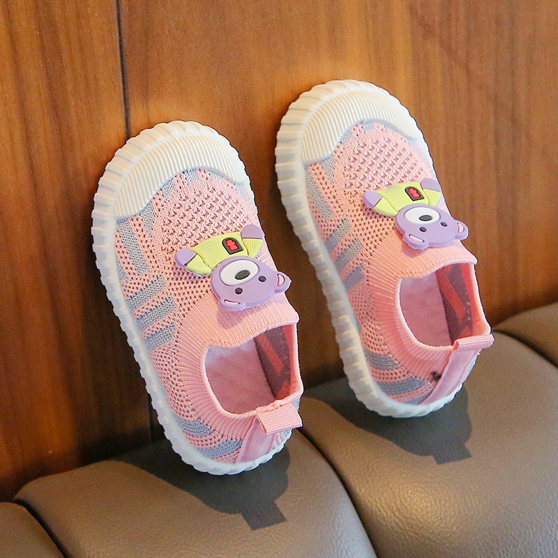 Giày Sneaker Đế Mềm Chống Trượt Dệt Kim Thoáng Khí Có Tai Gấu Dễ Thương Dành Cho Bé Trai Gái 1-3 Tuổi