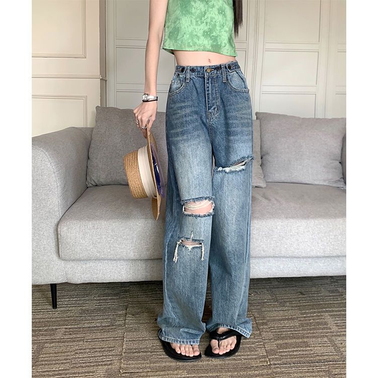 Quần Jeans Nữ Lưng Cao Ống Rộng Rách Gối Cá Tính