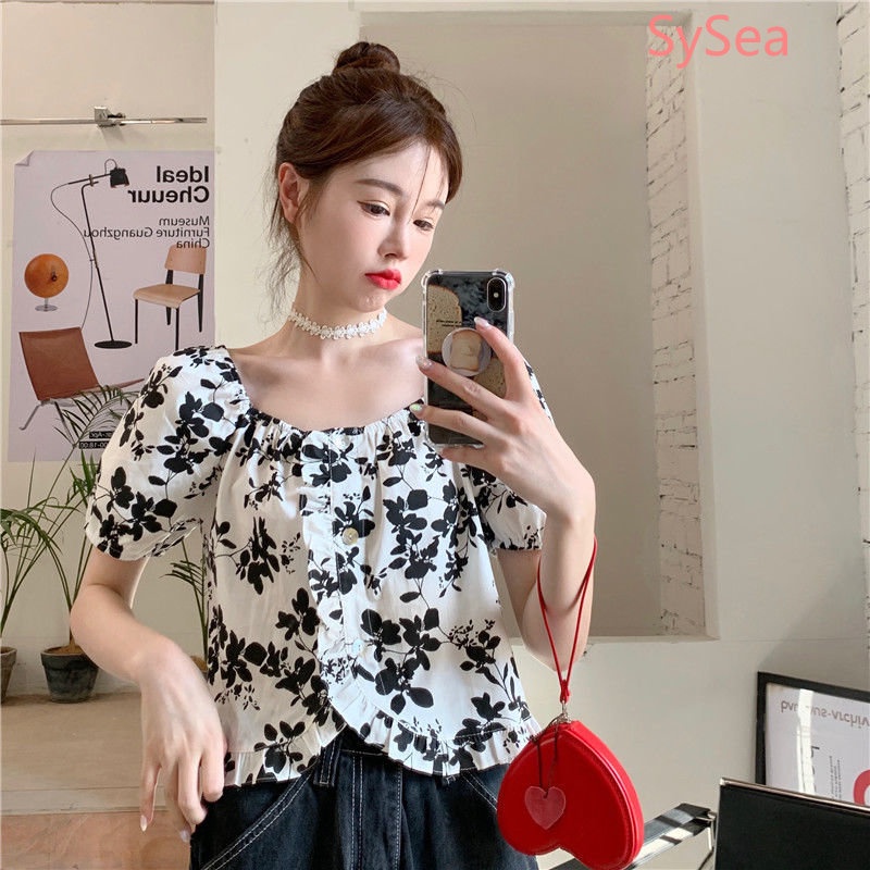 Áo Kiểu Tay Phồng Cổ Vuông Họa Tiết Hoa Phong Cách Hàn Quốc