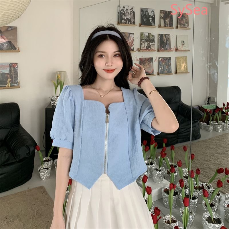 Áo Kiểu Cổ Vuông Phối Khóa Kéo Phong Cách Hàn Quốc Cho Nữ