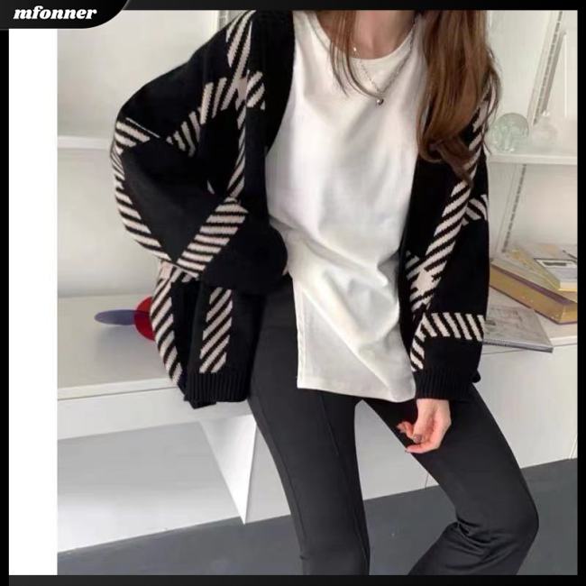 Áo Khoác Cardigan Dệt Kim Tay Dài Dáng Rộng Cổ Chữ V Họa Tiết Kẻ Sọc Thời Trang Mùa Đông Cho Nữ
