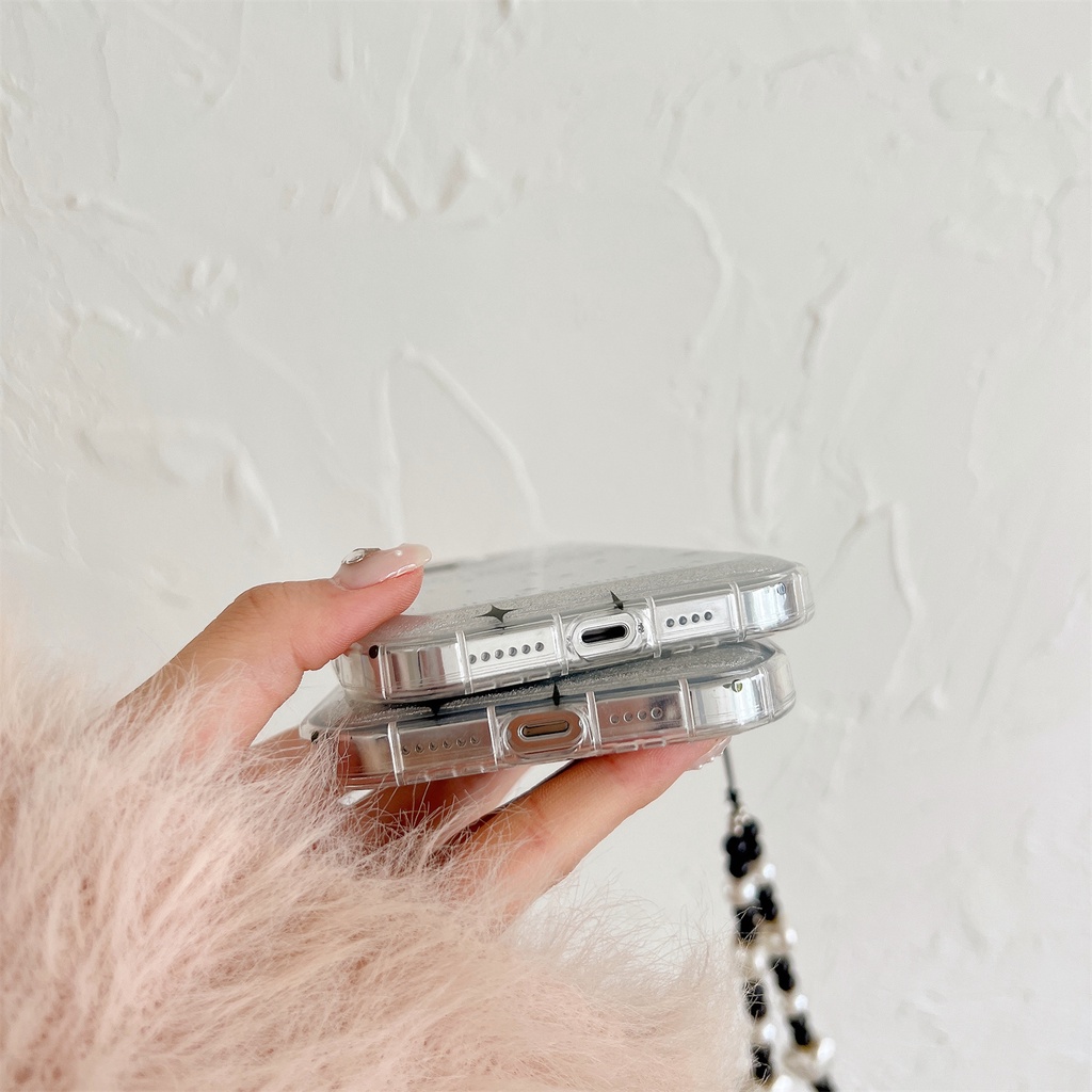 Ốp Điện Thoại Tpu Mềm Trong Suốt Hai Mặt Chống Sốc Phối Dây Xích Ngọc Trai Cho iphone 14Pro Max 13 12 11