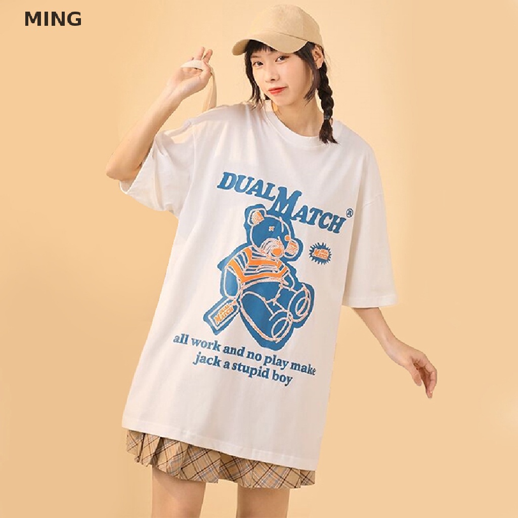 Áo Thun Tay Ngắn Cổ Tròn Dáng Rộng In Hình Gấu Kiểu Retro Mỹ Xinh Xắn Cho Nữ