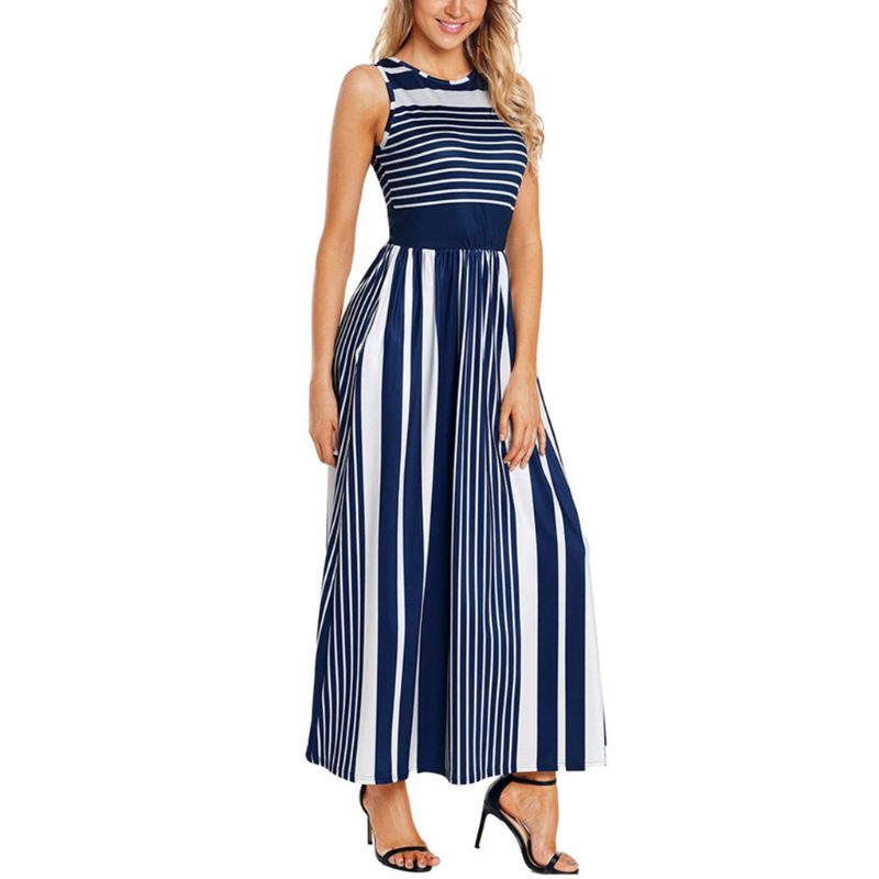 Đầm Maxi Dài Không Tay Cổ Tròn Họa Tiết Khối Màu Sắc Thời Trang Mùa Hè Cho Nữ