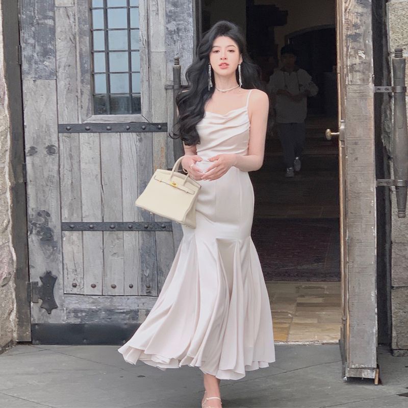 Đầm Đuôi Cá Hai Dây Bằng Vải Satin Nhún Bèo Phong Cách Pháp Thời Trang Mùa Hè